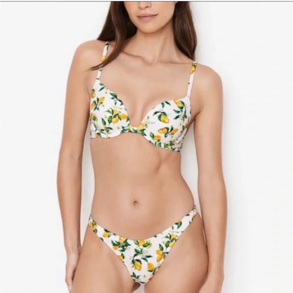 Victoria Secret Swim Bikini 34B Top M Bottom White Yellow Lemons Bandeau